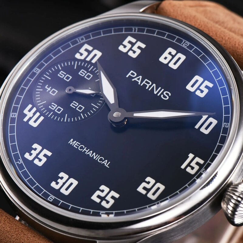 Parnis 44Mm Blue Dial Mechanical Hand Winding นาฬิกาผู้ชายสายหนัง17อัญมณีนาฬิกาของขวัญกล่องด้านบนแบรนด์หรู2022