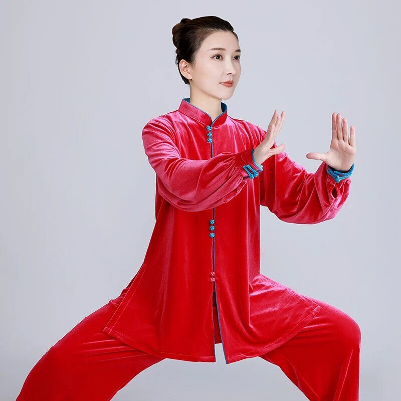 Wudang Taiji dress female high-end golden velvet Taijiquan practice clothing autumn and winter thick long style