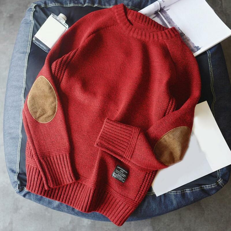 Stylish Casual Crewneck Male Sweater Elastic Men Sweater Crewneck Patchwork Sleeve Winter Sweater for Dating