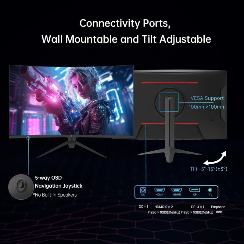 Fhd 1080p gebogener Gaming-Monitor-va 1500r gebogener Monitor, 165Hz 1ms mprt, freesync & g-sync, srgb