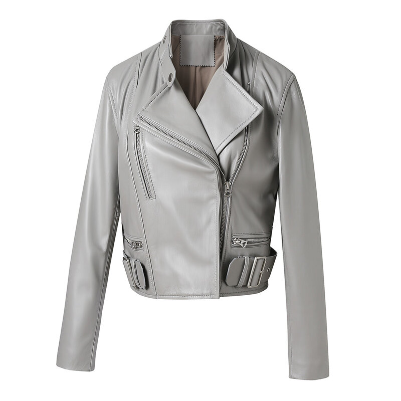 Jaket kulit wanita, mantel kulit domba asli, jaket pengendara sepeda motor musim semi musim gugur S3566