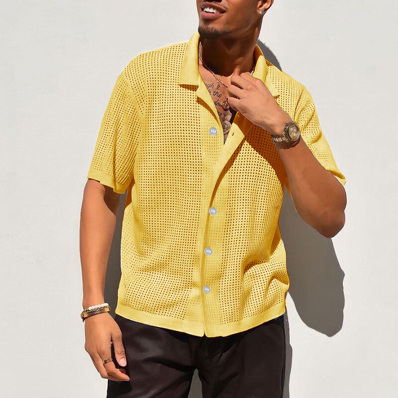 Camiseta oca de malha masculina, camisa de praia respirável, cardigã casual solto de manga curta, camisa de malha com lapela, verão 2024