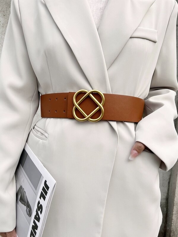 Cinturón ancho con hebilla dorada de lujo para mujer, cinturón elegante de cuero de alta calidad, faja decorativa para vestido de abrigo femenino