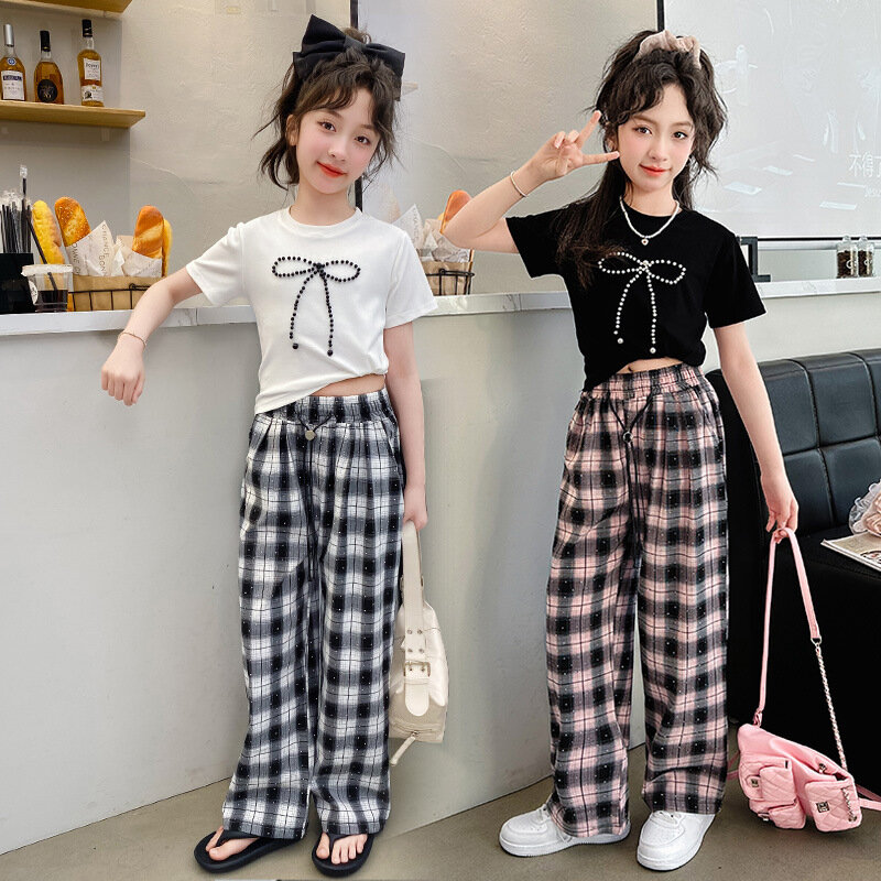 New Summer Girls Clothes Set Baby Girl Bow T-shirt+Plaid Wide-leg Pants Suits Kids Clothing 2PCS Children's Short Sleeve Outfits