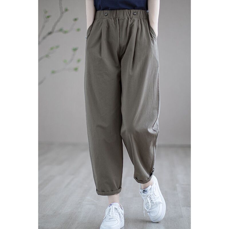 2024 Women's Summer Fashion Cotton Linen Harem Pants Female Elastic Waist Loose Trousers Ladies Solid Color Pockets Pant C381