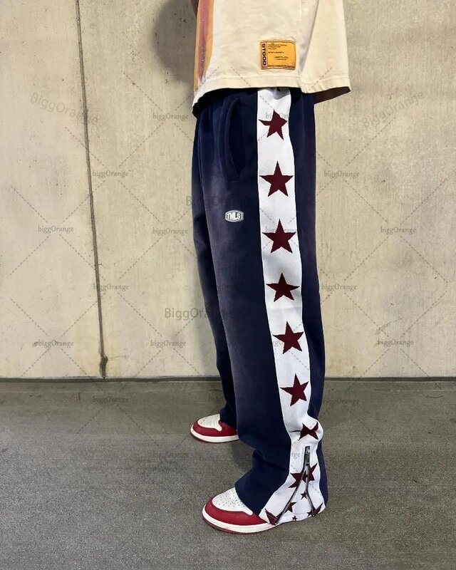 Y2k European and American Harajuku Hip-hop Knitted Pants Women Retro Casual Versatile Star Embroidered Oversized Trousers Men