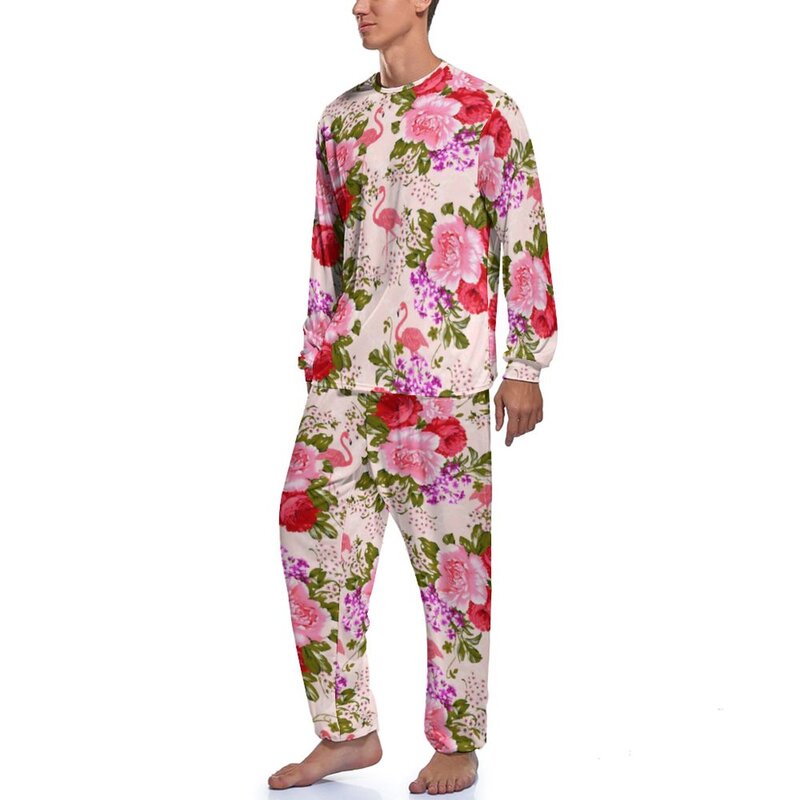 Tropical  Baroque Floral Pajamas Long Sleeve Vintage Pink Roses 2 Pieces Room Pajama Sets Spring Mens Printed Fashion Home Suit