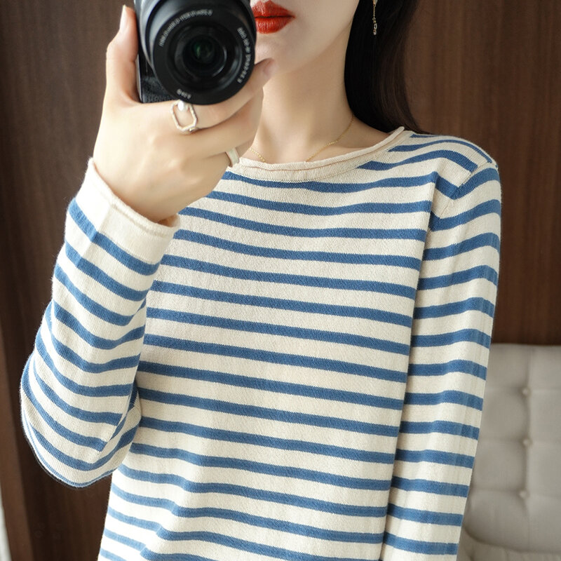 Women's Pullover Spring/Autumn 100% Cotton Sweater Casual Striped Knitwear Loose Ladies Tops Round Neck Basic Blouse