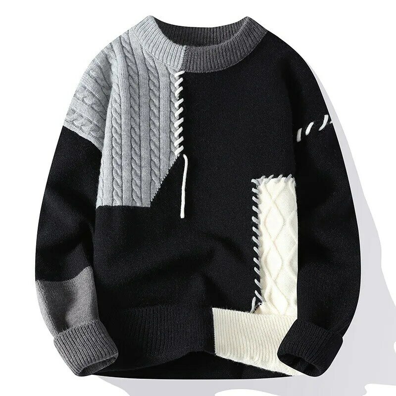 Autumn Winter Warm Mens Knitted Sweaters Fashion Patchwork O Neck Knit Pullovers Korean Streetwear Pullover Casual Mens Clothing