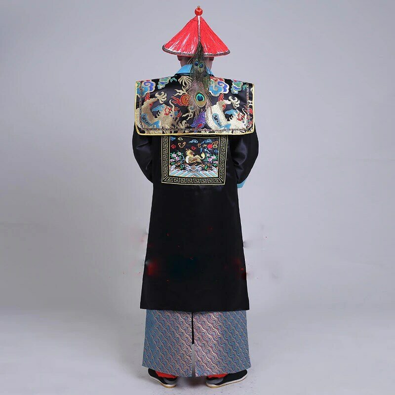 Старинная черная Военная официальная Униформа династии Цин, одежда в старинном стиле, мужское Ципао, шапка с бусинами Будды, шаль