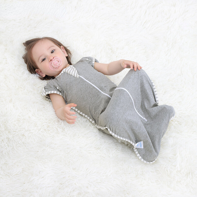 Saco de dormir respirável anti-sobressalto para bebê, mangas destacáveis, algodão de cor sólida, elástico, novo, quatro estações