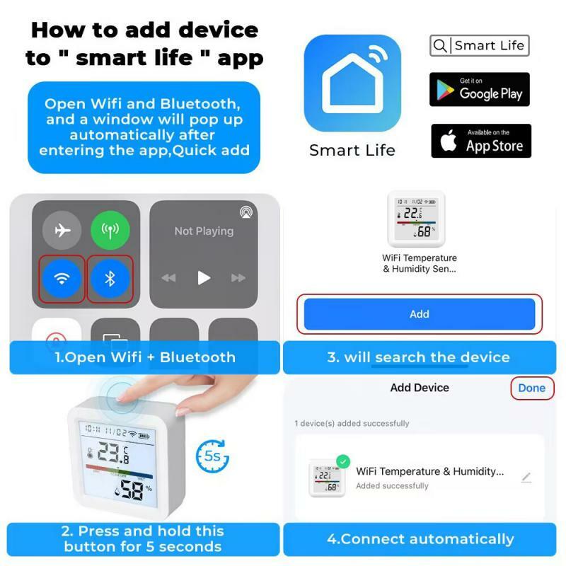 Sensor de Temperatura e Umidade Tuya, Higrômetro Inteligente, Wifi Via Alexa Google Home, Controle de retroiluminação, Termômetro, Display LCD