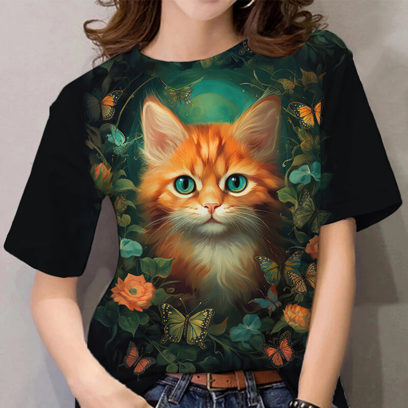 Camisetas informales de verano para mujer, ropa con estampado de gato y Animal 3D, cuello redondo, manga corta, Tops de gran tamaño
