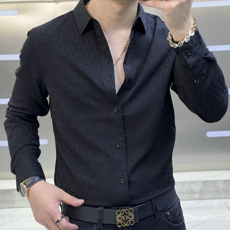 Spring Summer New Smart Casual Thin Shirt Men's Solid Lapel Button Slim Korean Fashion Simple Trend Versatile Long Sleeved Top