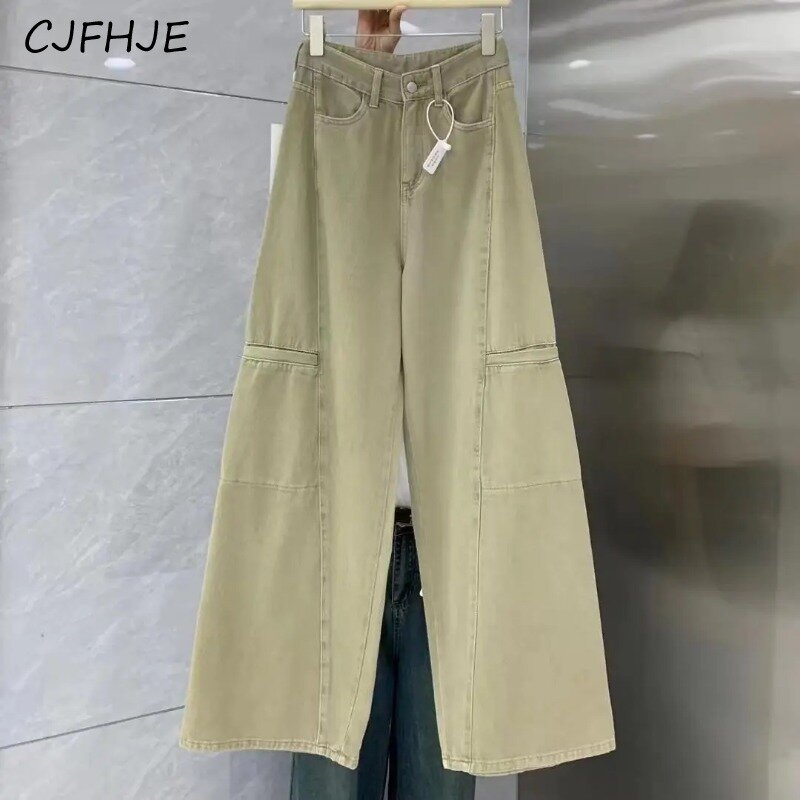 CJFHJE Khaki Pocket Wide Leg Jeans Women Vintage Korean Fashion Women's Baggy Cargo Full Length Denim Pants Jeans Streetwear