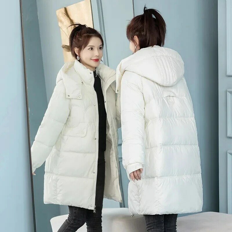 Jaqueta acolchoada de algodão feminino, casaco longo espesso, sobre o joelho, plus size, novo, inverno