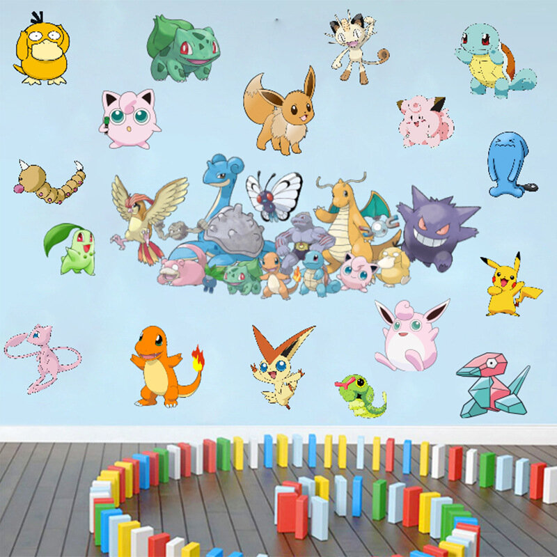 Adesivo de Parede Pokémon Cartoon Animation, PVC, Pikachu, 3D, Quarto de Criança, Pintura Decorativa, Novo