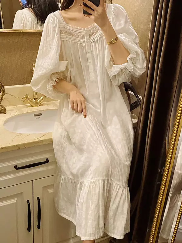 Women Pure Cotton Ruffles Vintage Nightgowns Robe Lace Fairy Long Sleeve Victorian Princess Sleepwear Sweet Night Dress Homewear