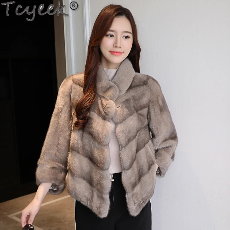 Casaco de pele real feminino com gola alta, jaquetas naturais de vison twinyeek, casacos high-end, roupas de mulher, moda inverno, 2024
