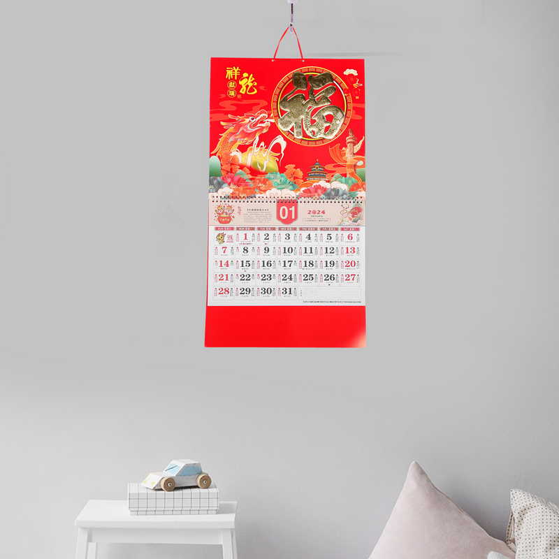 2024 Kalender Tahun Baru China, gulir dinding perlengkapan kantor tradisional bulanan halus gaya China