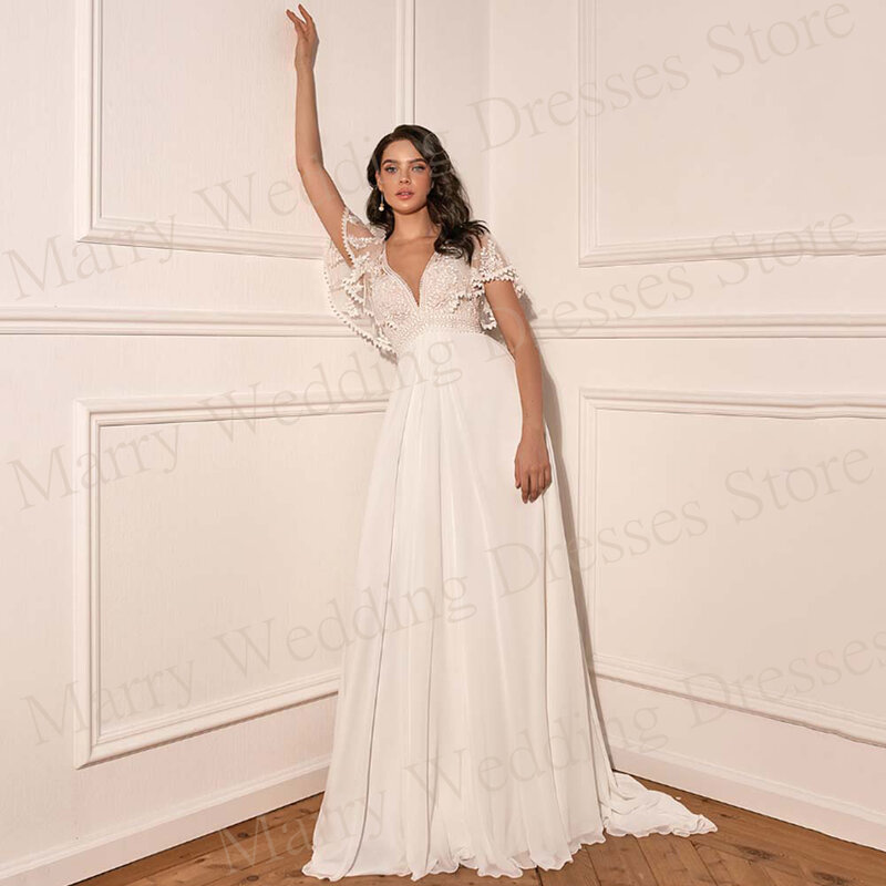 Simple A-Line Deep V-Neck Wedding Dresses Ruffles Short Sleeve Lace Appliques Bride Gowns Button Back Illusion Vestido De Novia