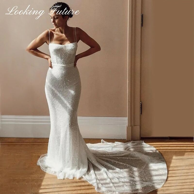 Glitter Mermaid Spaghetti Straps Sequins Wedding Dresses Open Back Beading Sweetheart Bride Gown Shiny Court Train Open Back