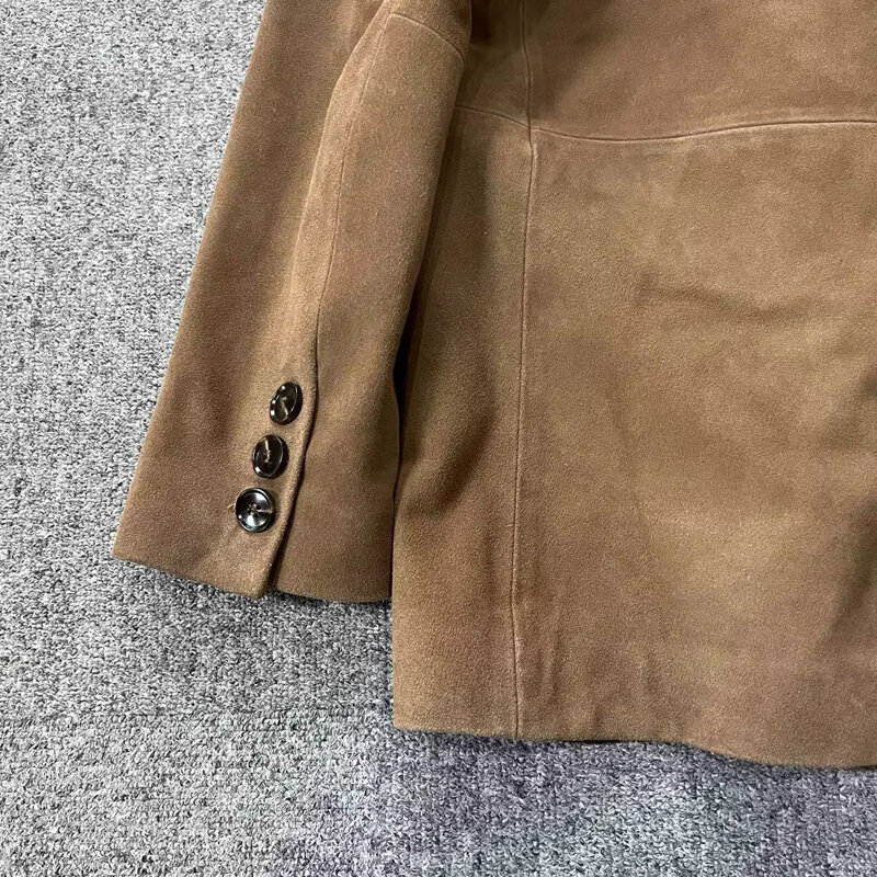 Jaket kulit Suede Nubuck Retro mantel setelan wanita kulit sapi asli musim gugur musim dingin 2024 jaket Vintage ukuran besar