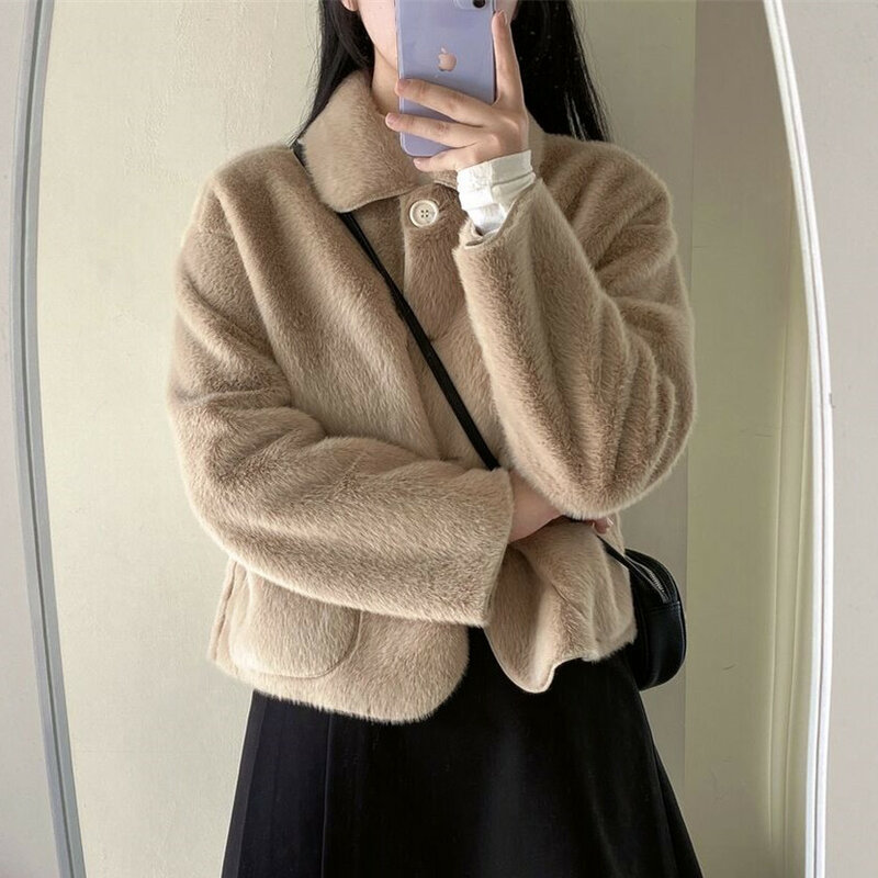 Mink Fleece Faux Fur Coat, moda coreana, casaco curto para meninas da faculdade, design quente, senhora do escritório, outono, inverno, luz
