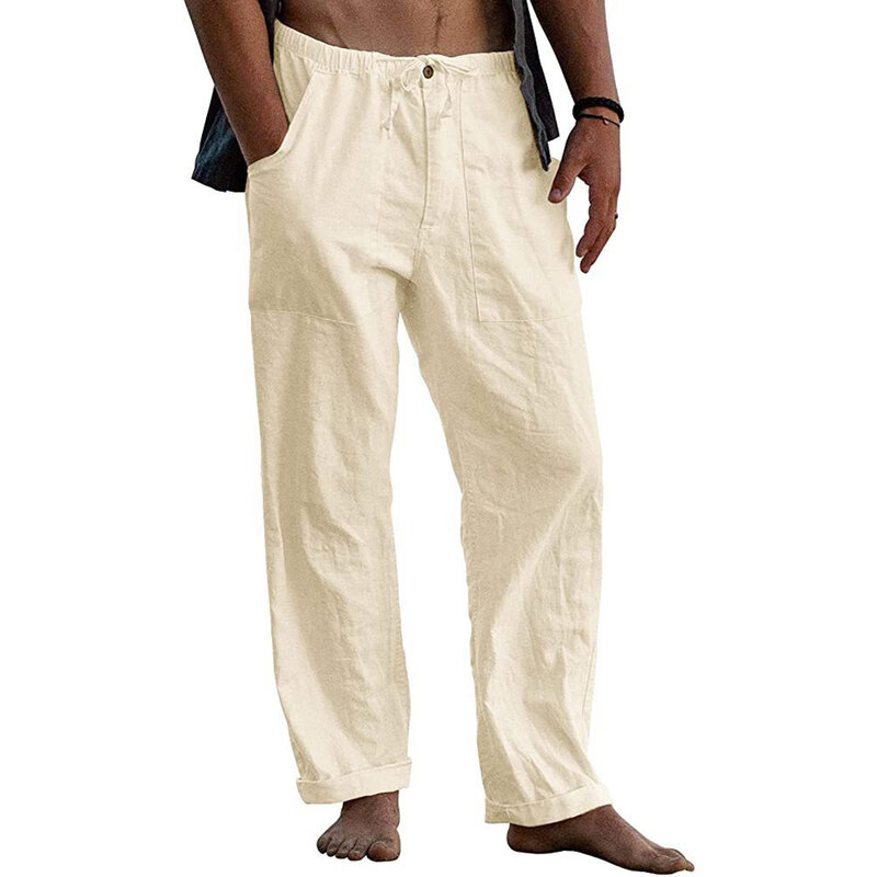กางเกงฝ้ายลินินทรงหลวมใส่เดินชายหาดสำหรับผู้ชายกางเกงลำลองแบบยืดหยุ่นกางเกงเลกกิ้งใส่นอนฤดูร้อน