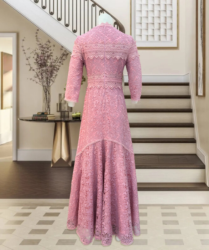 Gaun panjang renda, gaun renda merah muda modis tidak teratur cocok Tinggi Rendah
