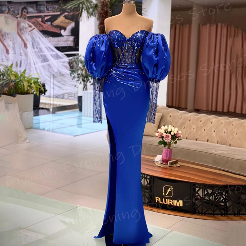 Elegante vestido de noite feminino, gracioso vestido azul marinho sereia, manga lanterna sexy, vestido de baile, lateral dividido, abaya abaya, moderno