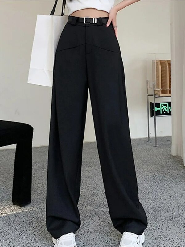 Spring Summer Wide Leg Full Pants with Belted Womens 2023 New High Waist Straight Loose Casual Black Suit Trousers