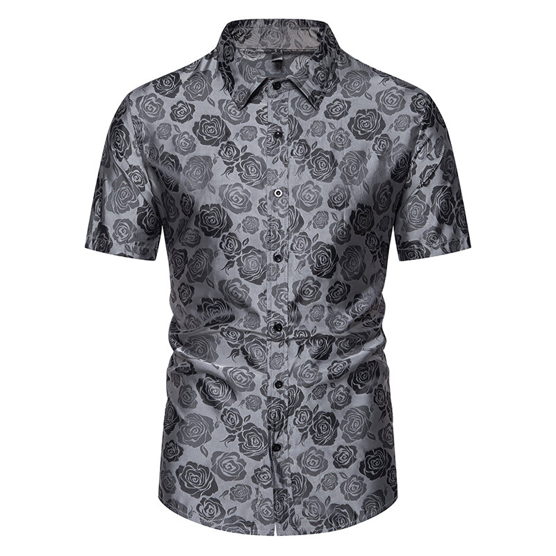 Camisa con estampado de rosas para hombre, camisa informal de manga corta con botonadura única, Verano