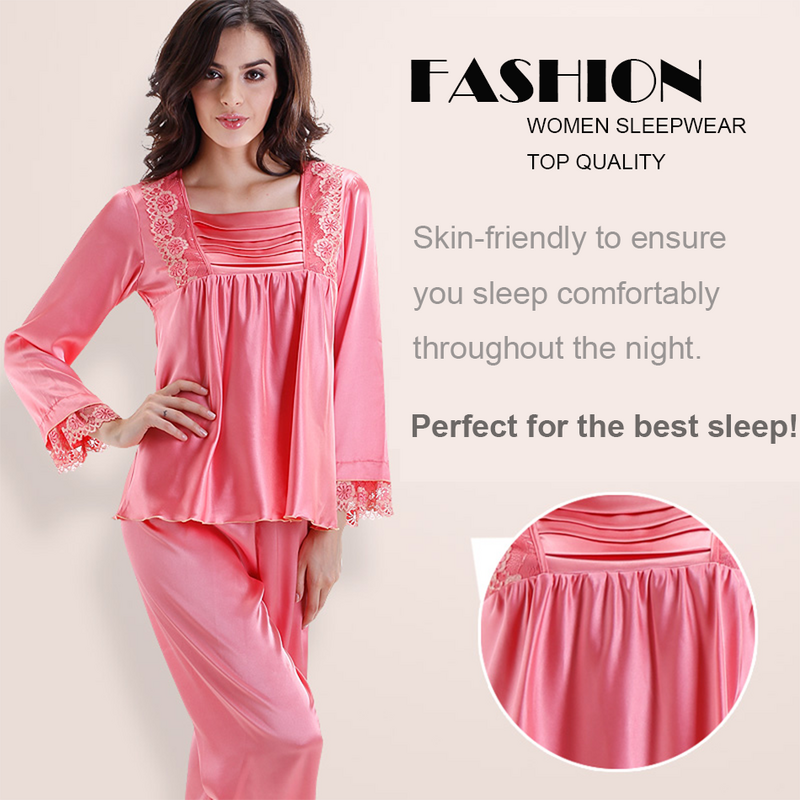 Women's Pajamas Set Luxury Satin Silk Pajamas Long Sleeve Sleepwear Home Clothes Nightwear Pyjamas for Women Square Collar 2 Pcs