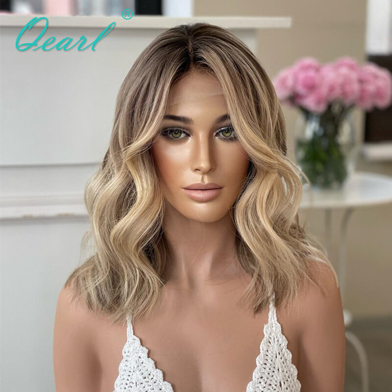 Glueless Lace Frontal Wigs Human Hair 13x4 Ash Blonde with Honey Brown Highlights Loose Deep Wave Lace Wig Sale for Woman Qearl