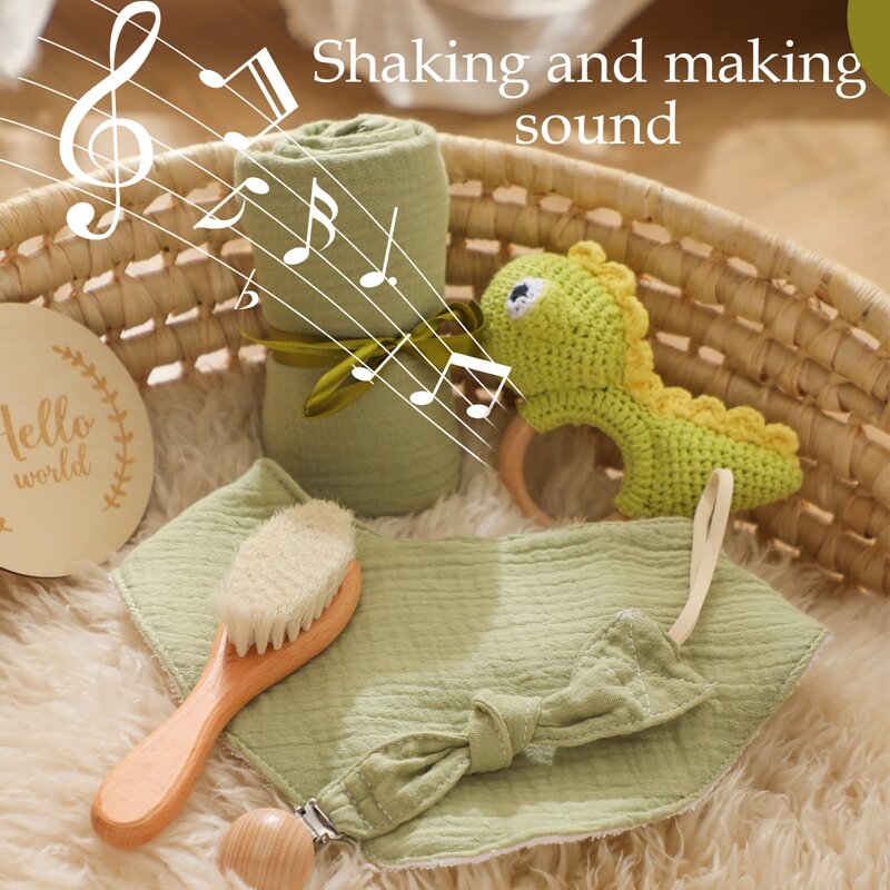 1Set Baby Christmas Gift Bath Toy Crochet Animal Dinosaur Rattles Toy Milestones Card Toddler Stuff Towel Cotton Blanket Brush