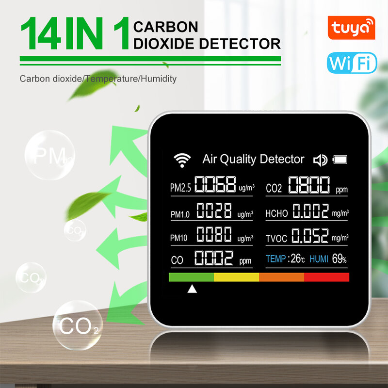 Monitor de Qualidade do Ar Interior, Monitor, Tester, WiFi, Controle APP, 2,8 "Display, CO2, CO, TVOC, HCHO, PM2.5, PM1.0, PM10, Temp, 14 em 1