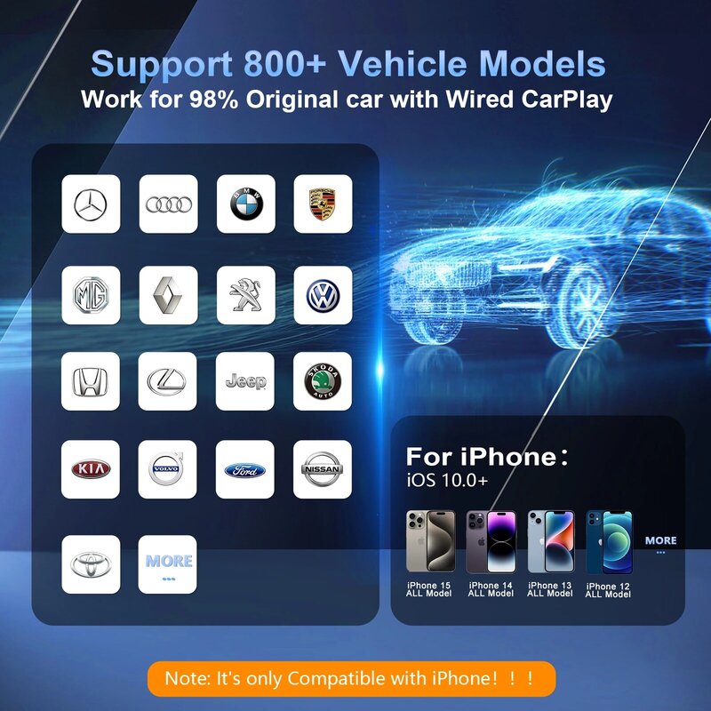 Adaptador Carplay sem fio para iPhone, Audi, Benz, Honda, Ford, Haval, Chery, Volvo, Hyundai, Chevrolet, Porsche, VW, Jeep, Mazda, Kia, Honda