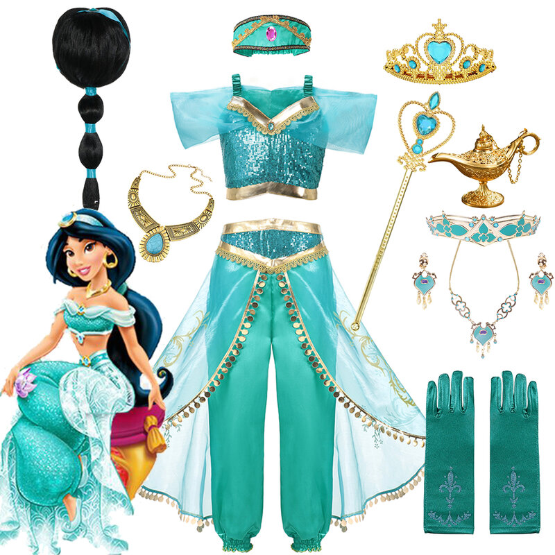 Disney Jasmine Aladdin Princess Dresses Magic Lamp Girls Party Carnival Cosplay Costumes Top+Pant+Headband 3PCS Clothes Vestido