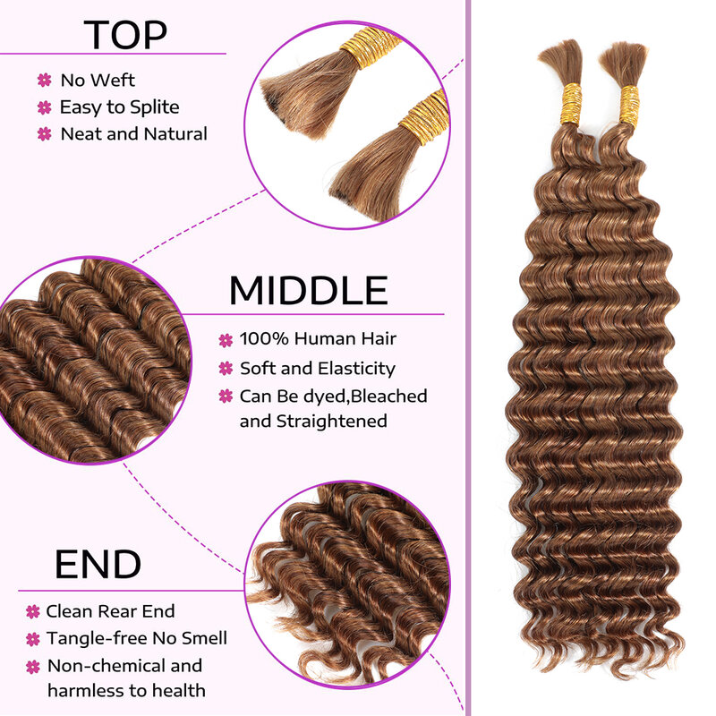 Linhua-Deep Wave Bulk cabelo humano para trança, Tranças Boho, Crochet Micro Knotless, Tranças Bohemian, Duplo Desenhado, Cor Marrom, 30 #