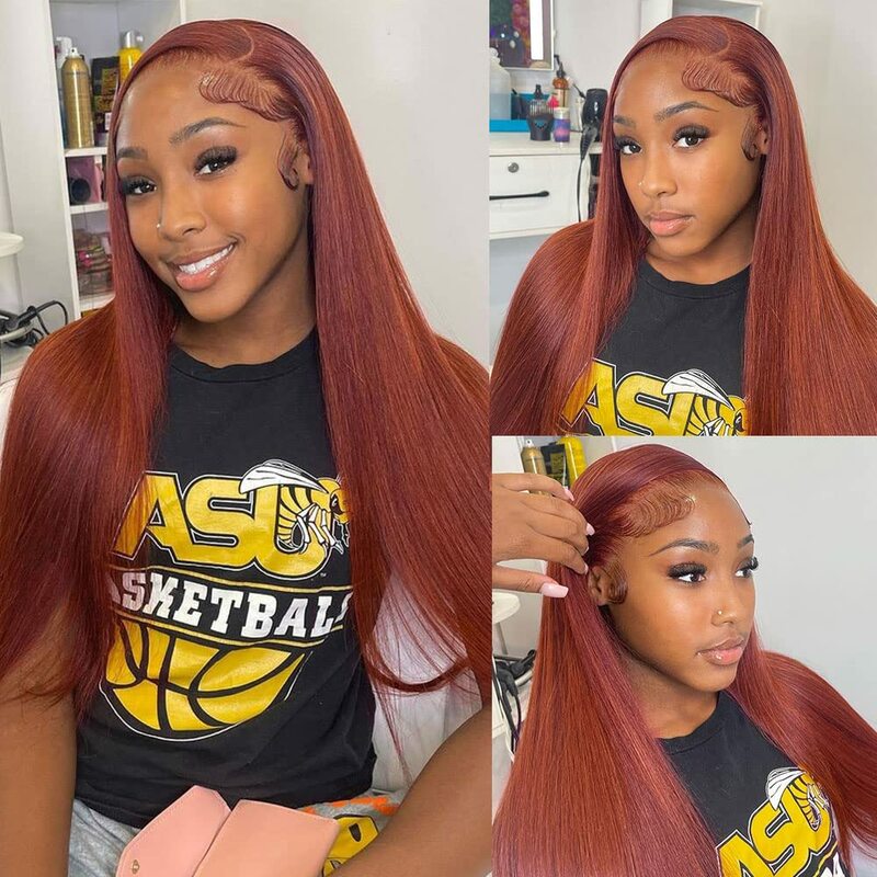 Reddish Brown Bone Straight 13x6 HD Lace Frontal Wig Brazilian Transparent Red Colored 13x4 Lace Front Human Hair Wig For Women