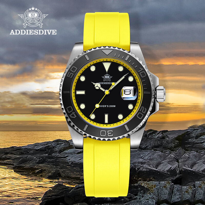 ADDIESDIVE Rotatable Bezel Watch For Men 41mm Quartz Watch Stainless Seel BGW9 Luminous Rubber Strap 200m Diving Men's Watch New
