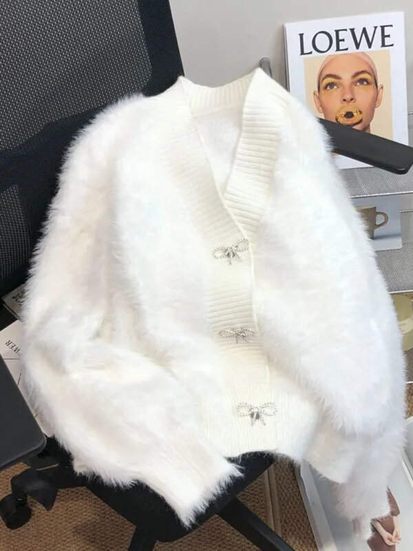 Chaquetas de punto recortadas de piel de conejo sintética para mujer, abrigo de felpa de una sola botonadura, Casacas coreanas Ceketler, invierno, cálido, clásico, elegante, nuevo