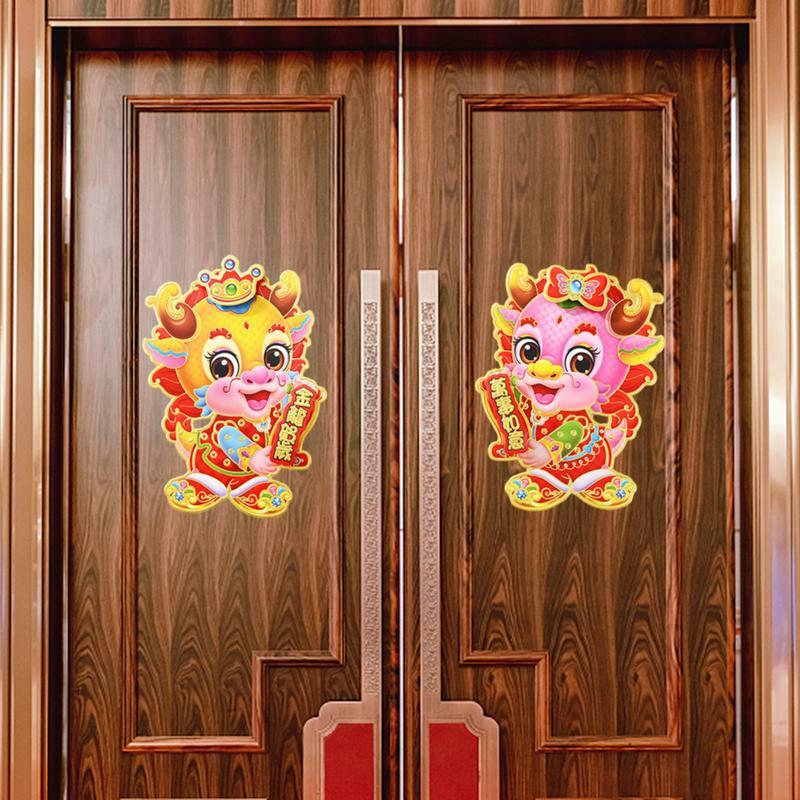 Rok smoka naklejki na drzwi 2024 rok smoka chińskie naklejki naklejki w procesie flokowania noworoczne dekory na przód okna