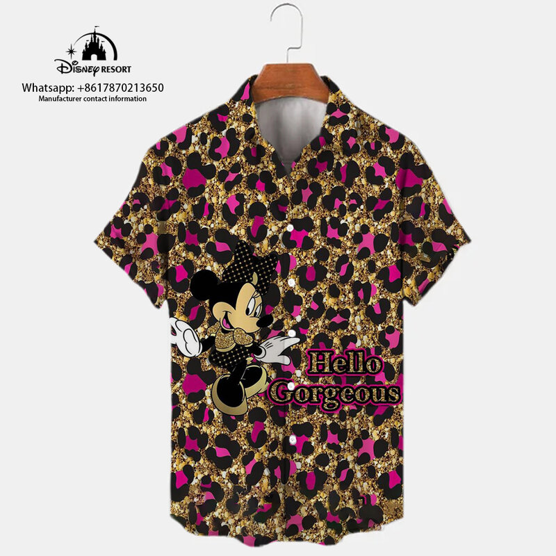 Модная однобортная рубашка в уличном стиле Харадзюку, новинка 2024, Повседневная рубашка с 3D отложным воротником и короткими рукавами, принтом Микки, Y2K