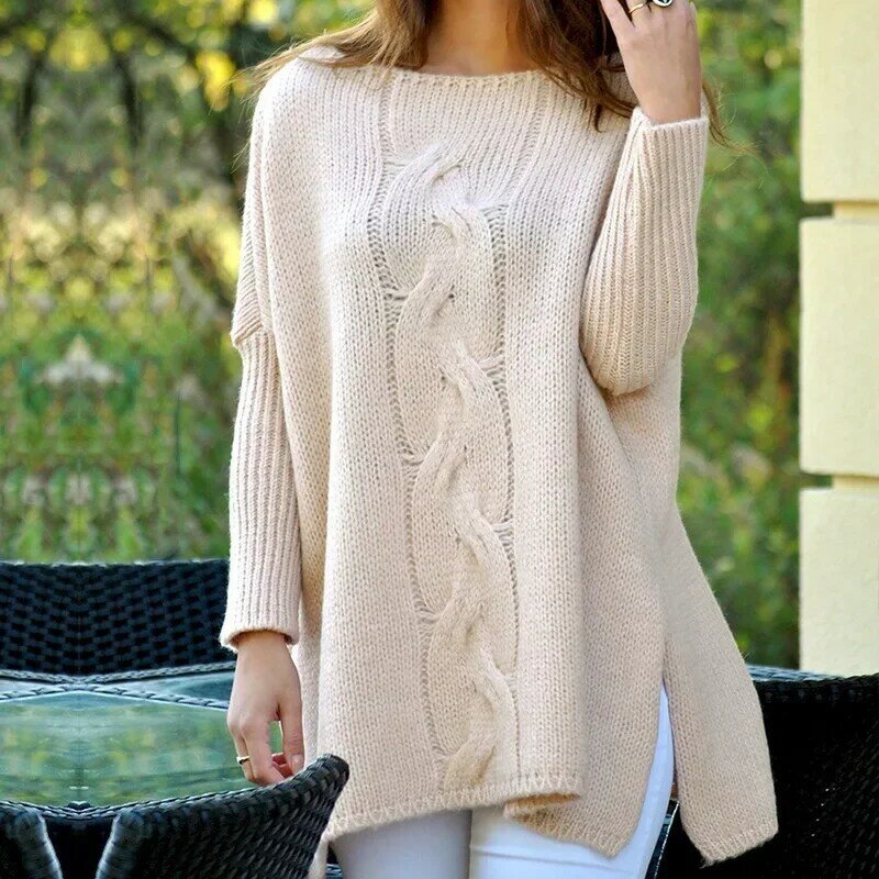 2023 Women's Sweaters Mid-length Solid Color Cable-style Loose Sweater for Women