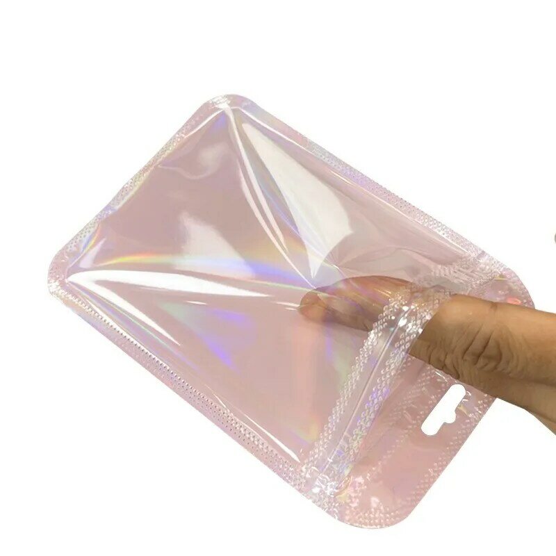 Bolsa holográfica de plástico transparente para joyería, bolsa con cremallera para almacenamiento de cuentas, suministros de embalaje para negocios pequeños, 50 piezas