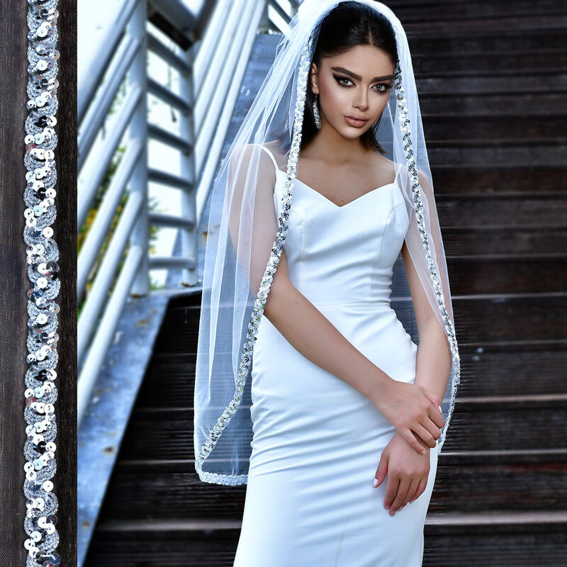 Головной убор BL4051 с серебряным краем, 1 метр, сетчатая лента, гребень для волос, свадебная вуаль для невесты