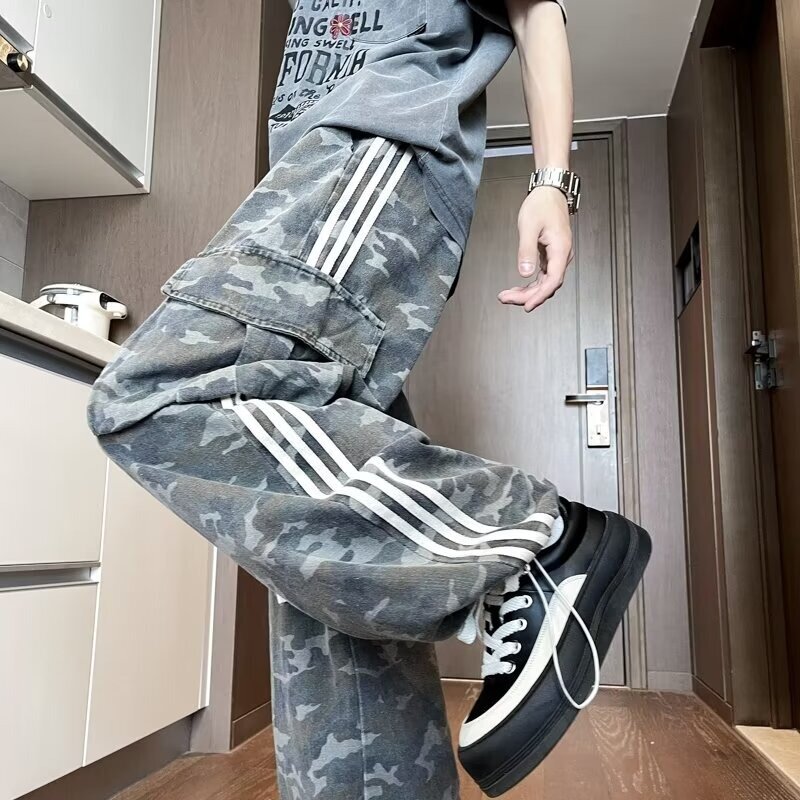 Camouflage Striped Cargo Pants Men American Style Casual High Street Loose Straight Leg Drawstring Full Length Trousers Male