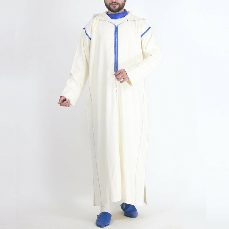 Mens Casual Muslim Robe Solid Color Hooded Middle Eastern National Costume Robe Loose Stitching Business Shirt Muslim Robe Abaya